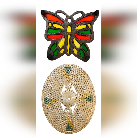 Unbranded Other - Vintage Set of 2 Colorful Iron & Acrylic Butterfly and Woven Oval Trivets